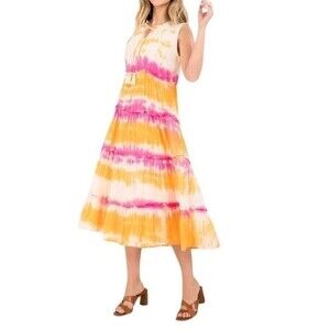 THML Womens Size S Tie Dye Tiered Midi Dress Sleeveless Pink Orange Lined Boho